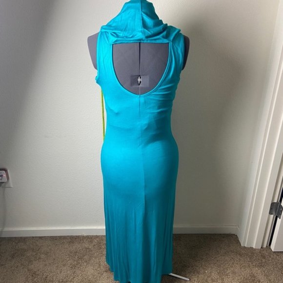 COii Aqua LARGE Sexy Cut-out Back Bodycon Tie Hoodie Sleeveless Maxi - Picture 9 of 14